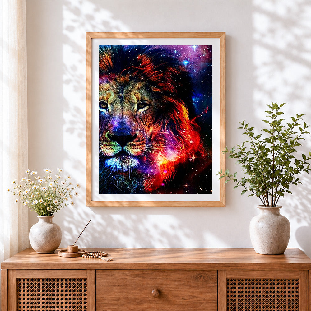 Finished vibrant starry night lion cross stitch artwork displayed