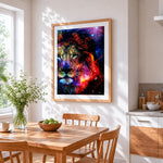 Vibrant starry night lion cross stitch artwork displayed on wall as home decor