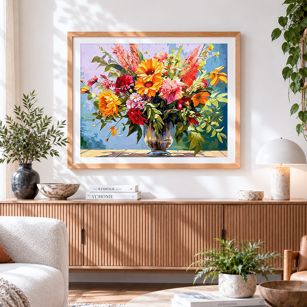 Finished vibrant summer bouquet in glass vase cross stitch artwork displayed