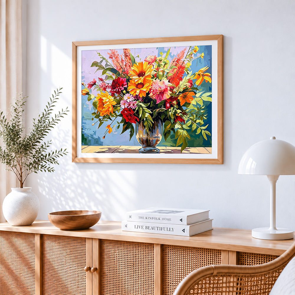 Vibrant summer bouquet in glass vase cross stitch artwork displayed on wall as home decor