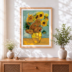 Finished vibrant sunflowers in vase paint by numbers artwork displayed as home decor