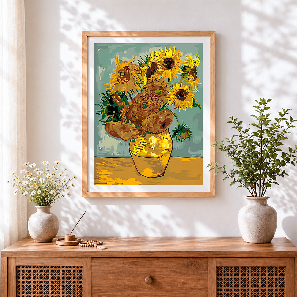 Finished vibrant sunflowers in vase paint by numbers artwork displayed as home decor