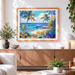 Finished vibrant tropical beach paint by numbers artwork displayed as home decor