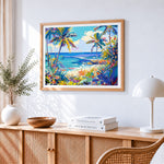 Vibrant tropical beach paint by numbers artwork displayed on wall as home decor