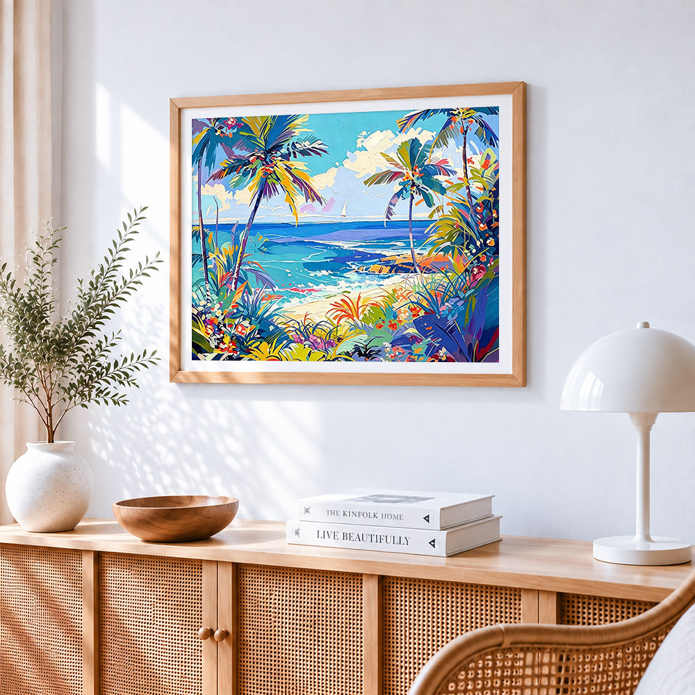 Vibrant tropical beach paint by numbers artwork displayed on wall as home decor