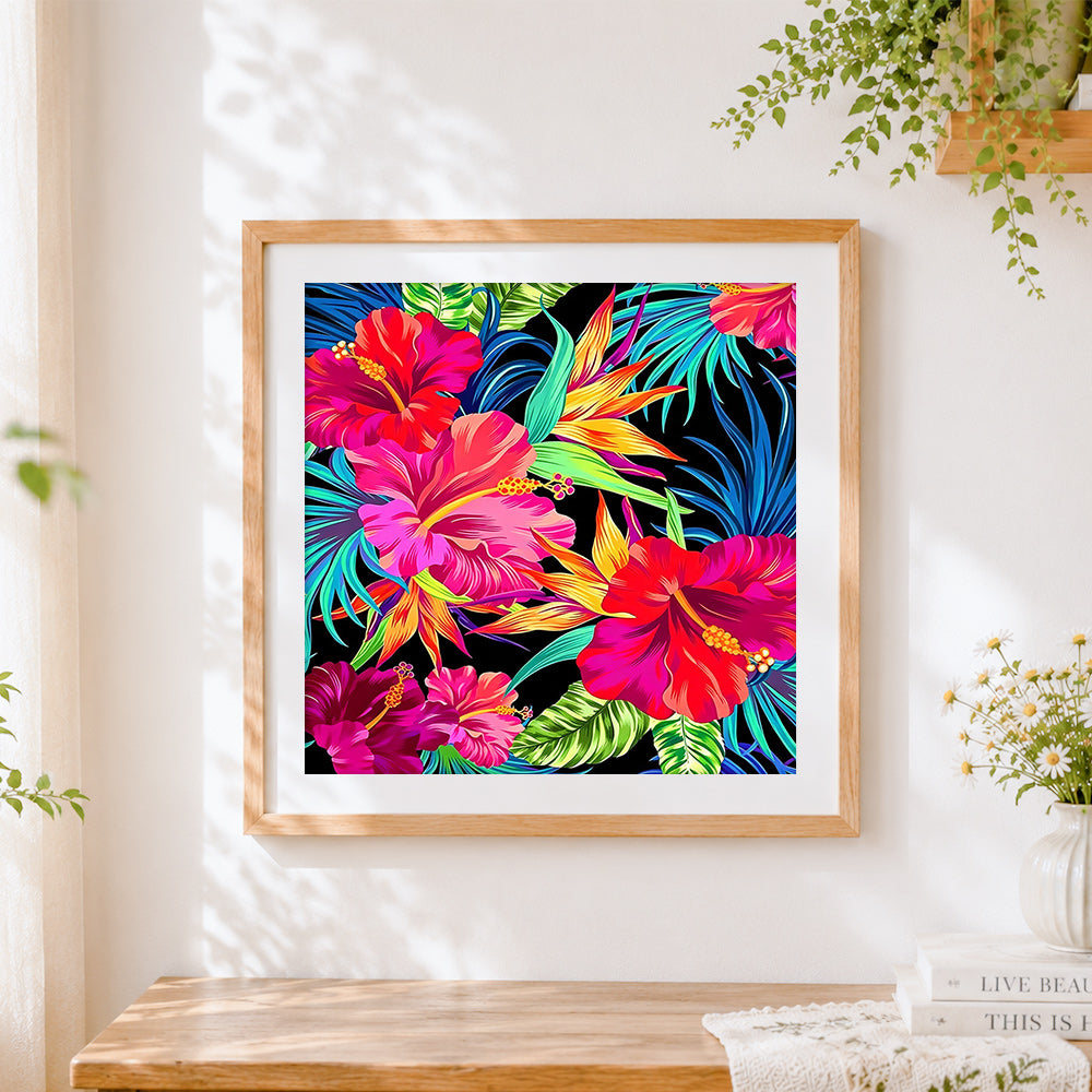 Finished vibrant tropical hibiscus cross stitch artwork displayed