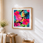 Vibrant tropical hibiscus cross stitch artwork displayed on wall as home decor