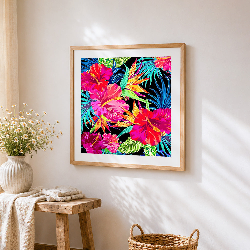 Vibrant tropical hibiscus cross stitch artwork displayed on wall as home decor