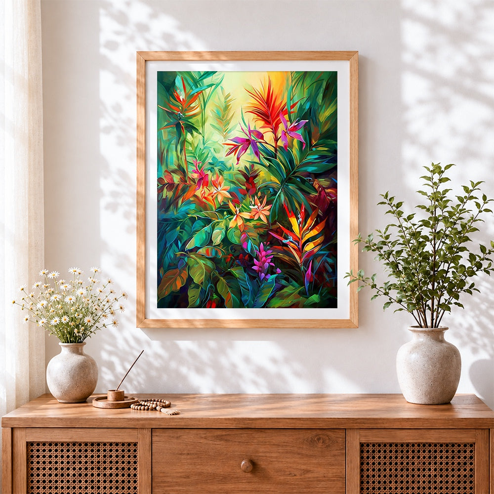 Finished vibrant tropical jungle foliage cross stitch artwork displayed