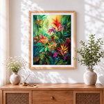 Finished vibrant tropical jungle foliage cross stitch artwork displayed
