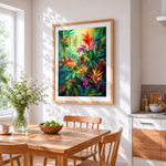 Vibrant tropical jungle foliage cross stitch artwork displayed on wall as home decor