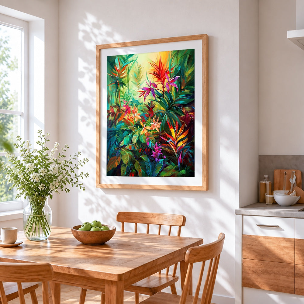 Vibrant tropical jungle foliage cross stitch artwork displayed on wall as home decor