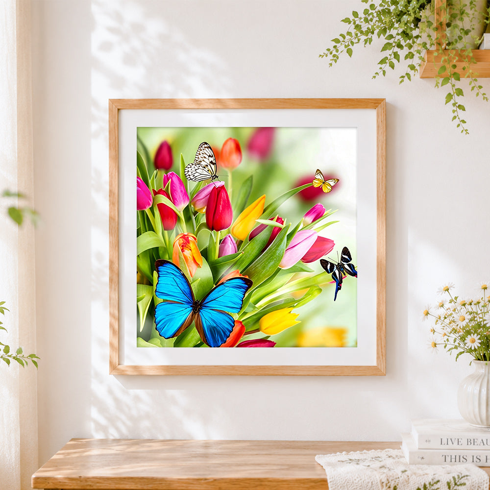 Finished vibrant tulips and colourful butterflies cross stitch artwork displayed