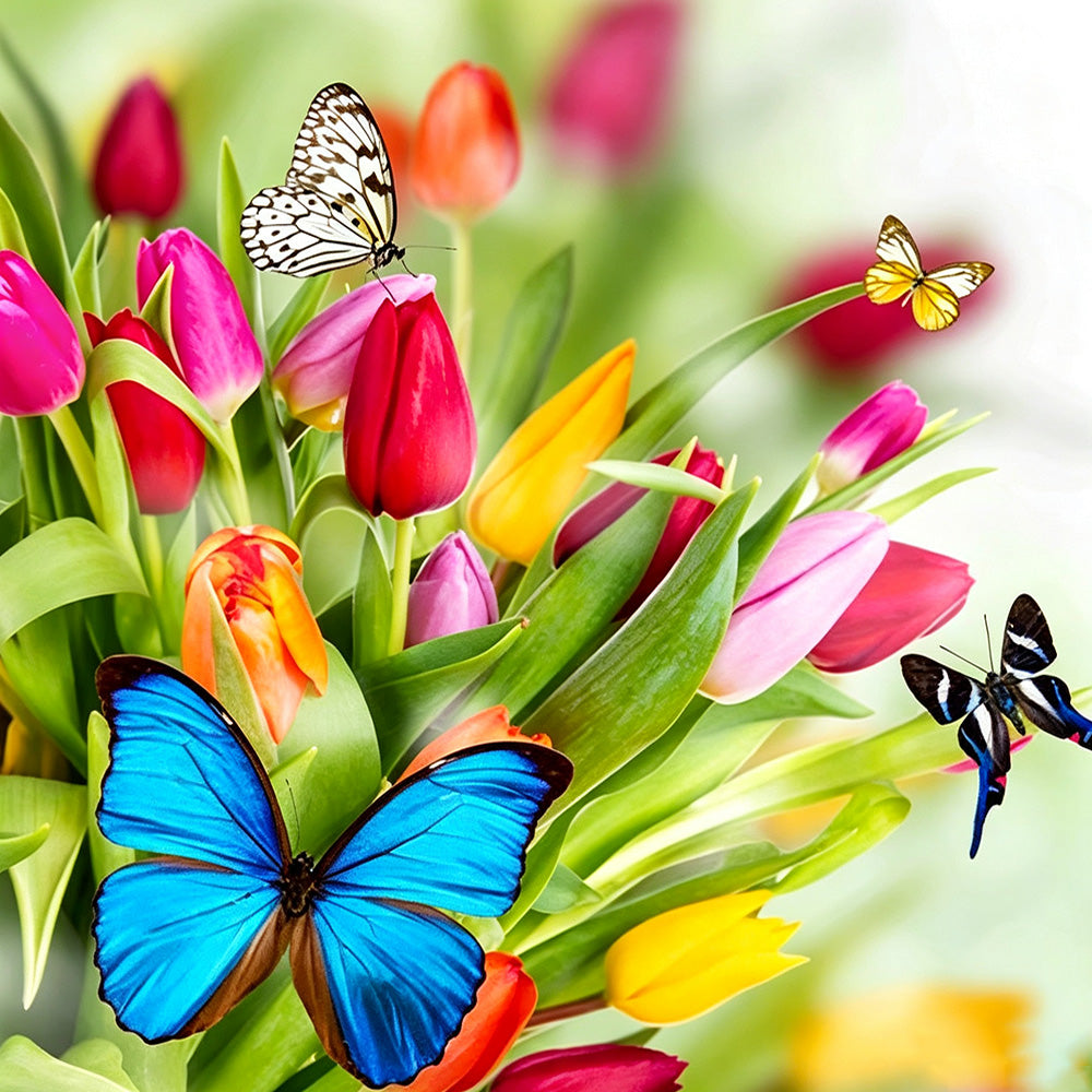 Vibrant tulips and colourful butterflies cross stitch kit for beginners