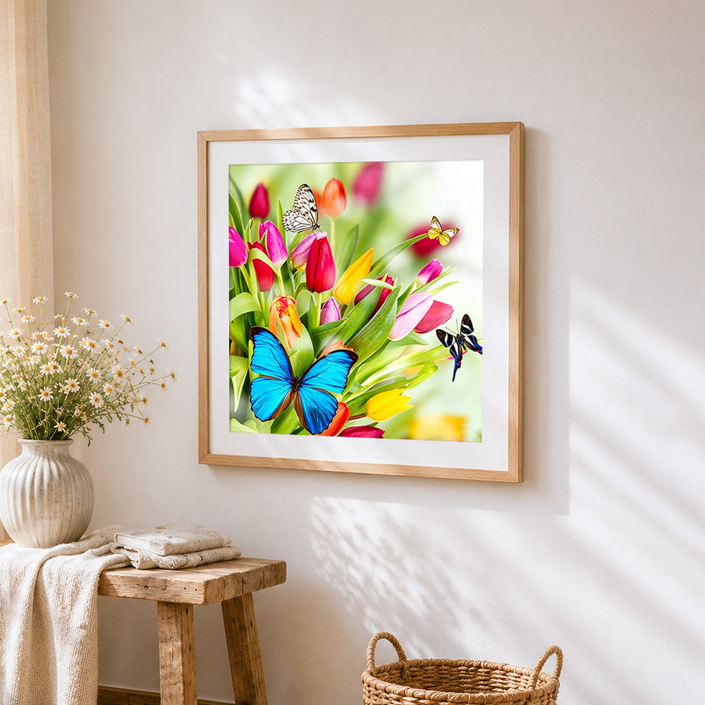 Vibrant tulips and colourful butterflies cross stitch artwork displayed on wall as home decor