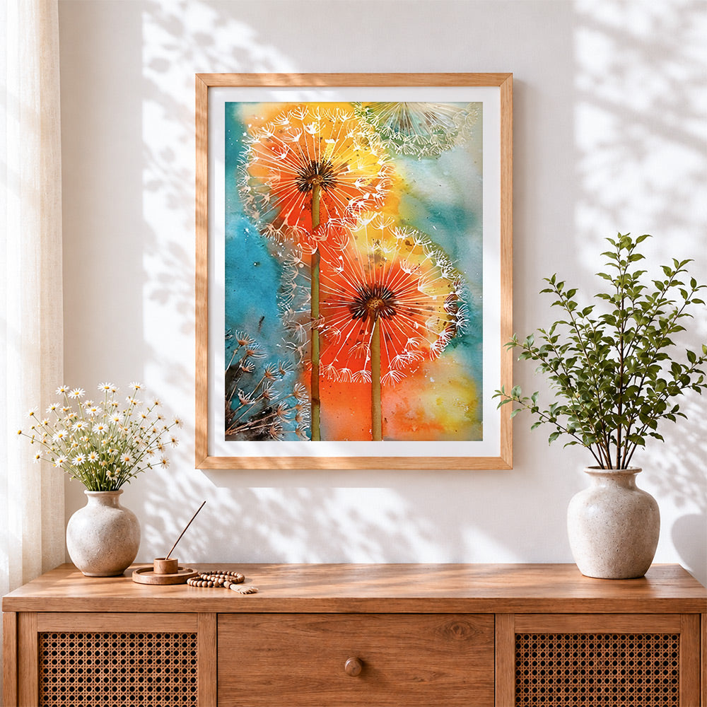 Finished vibrant watercolour dandelions cross stitch artwork displayed