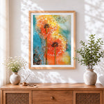 Finished vibrant watercolour dandelions cross stitch artwork displayed