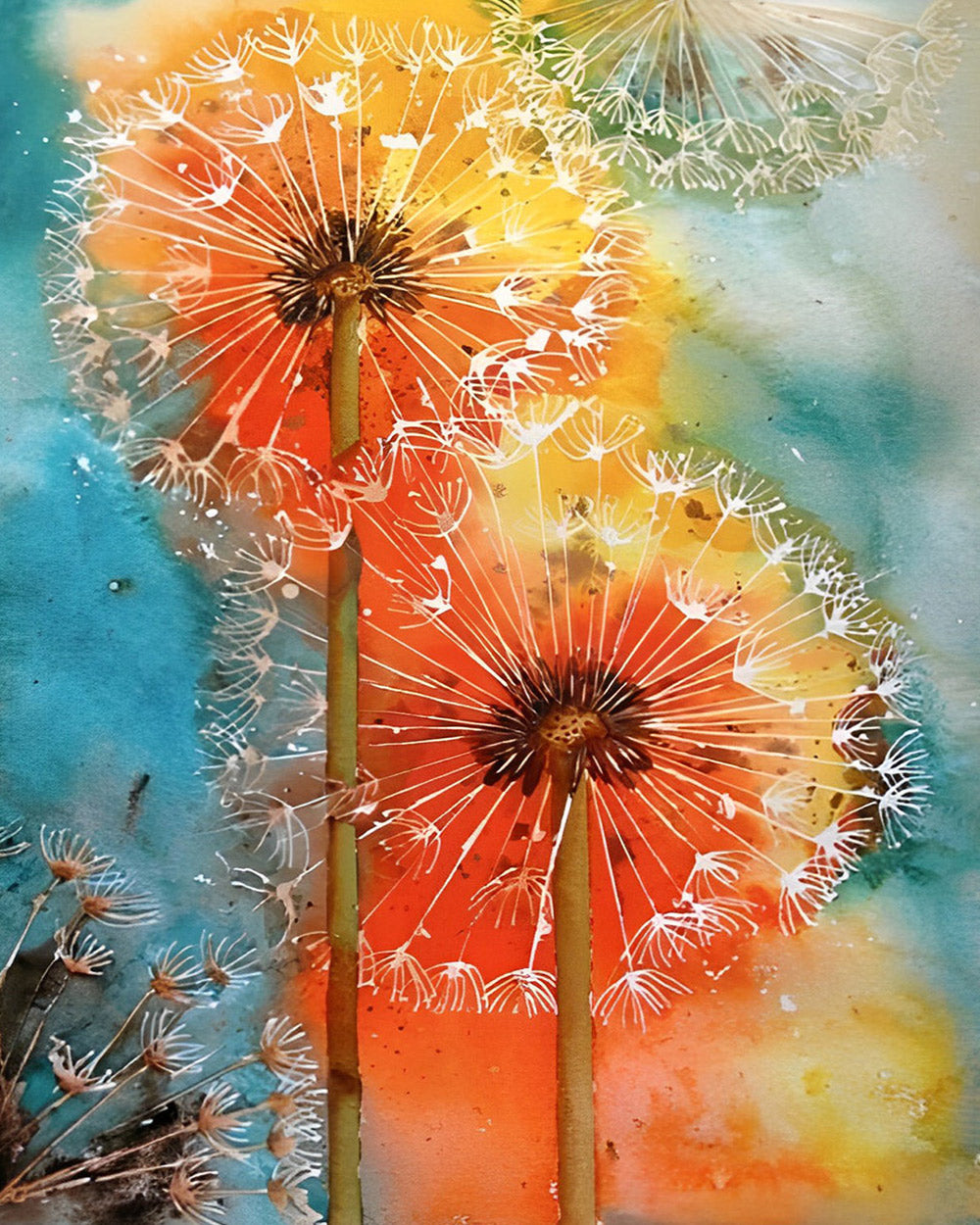 Vibrant watercolour dandelions cross stitch kit for beginners