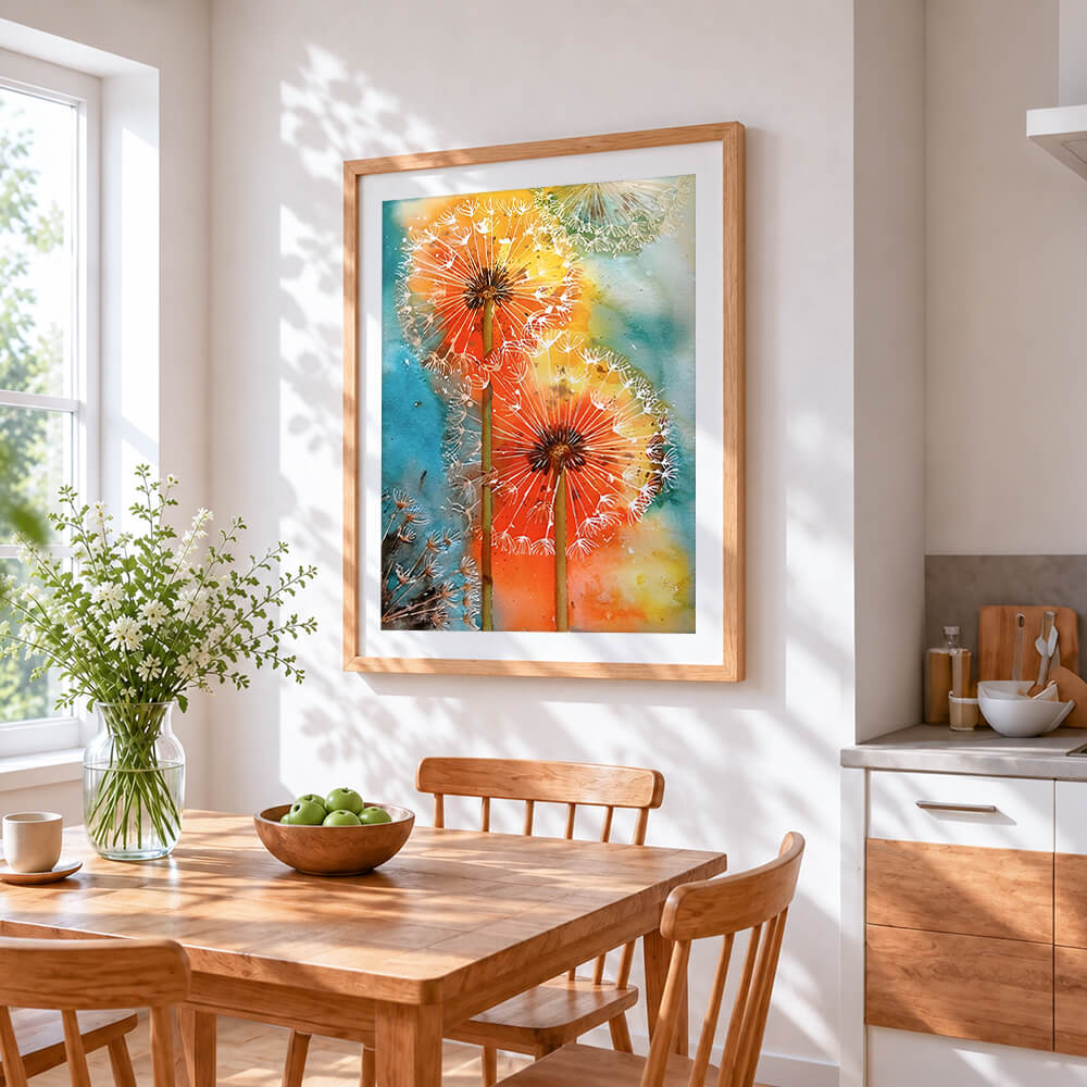 Vibrant watercolour dandelions cross stitch artwork displayed on wall as home decor