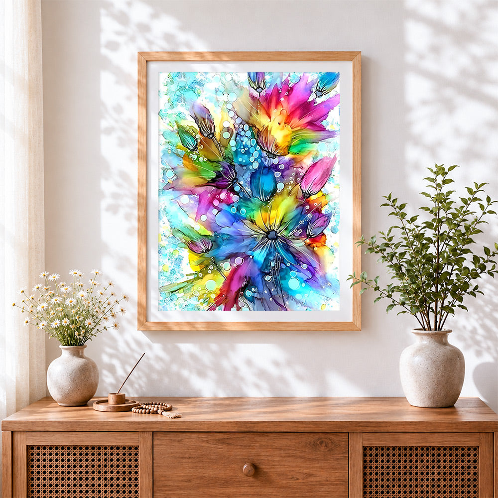 Finished vibrant watercolour flowers cross stitch artwork displayed