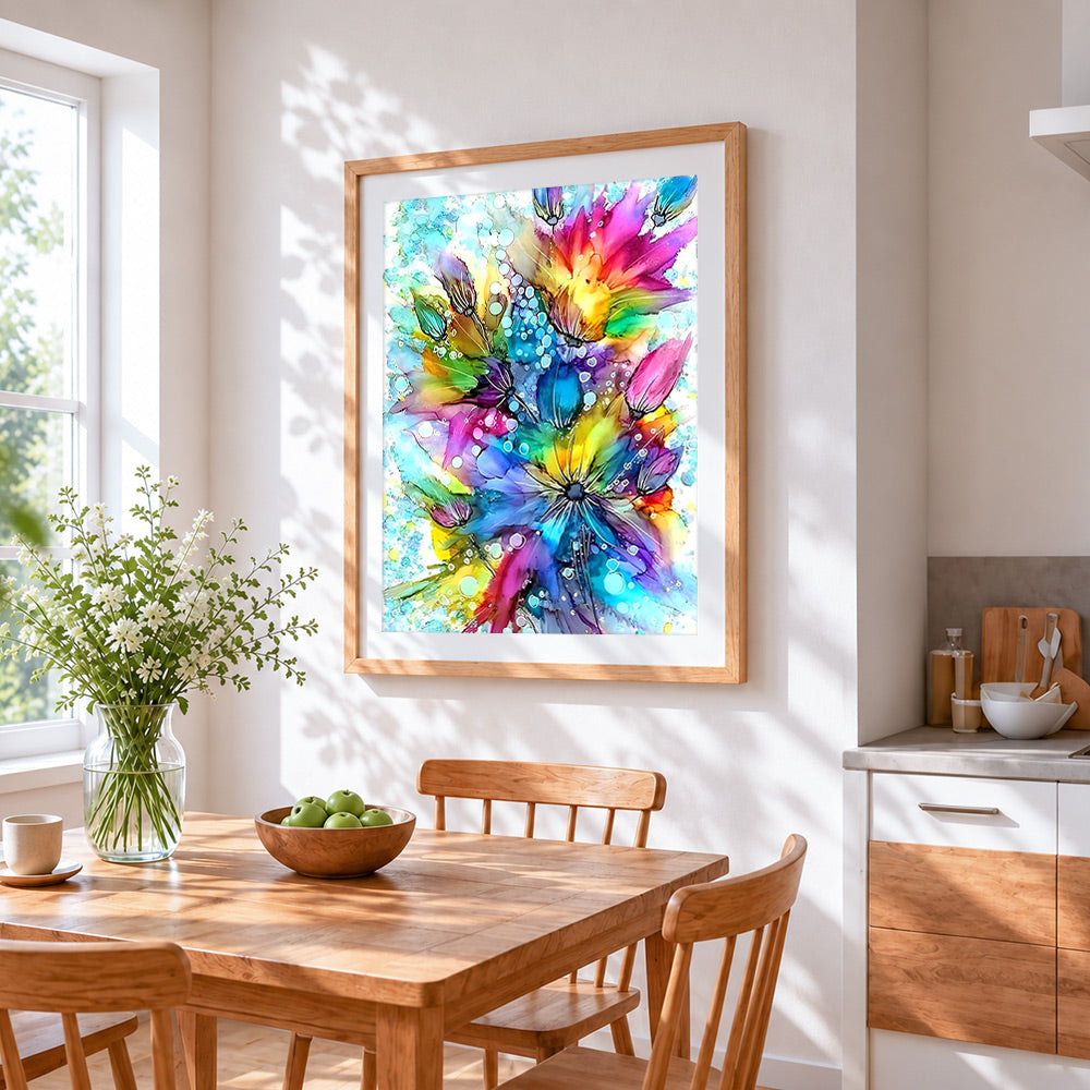 Vibrant watercolour flowers cross stitch artwork displayed on wall as home decor