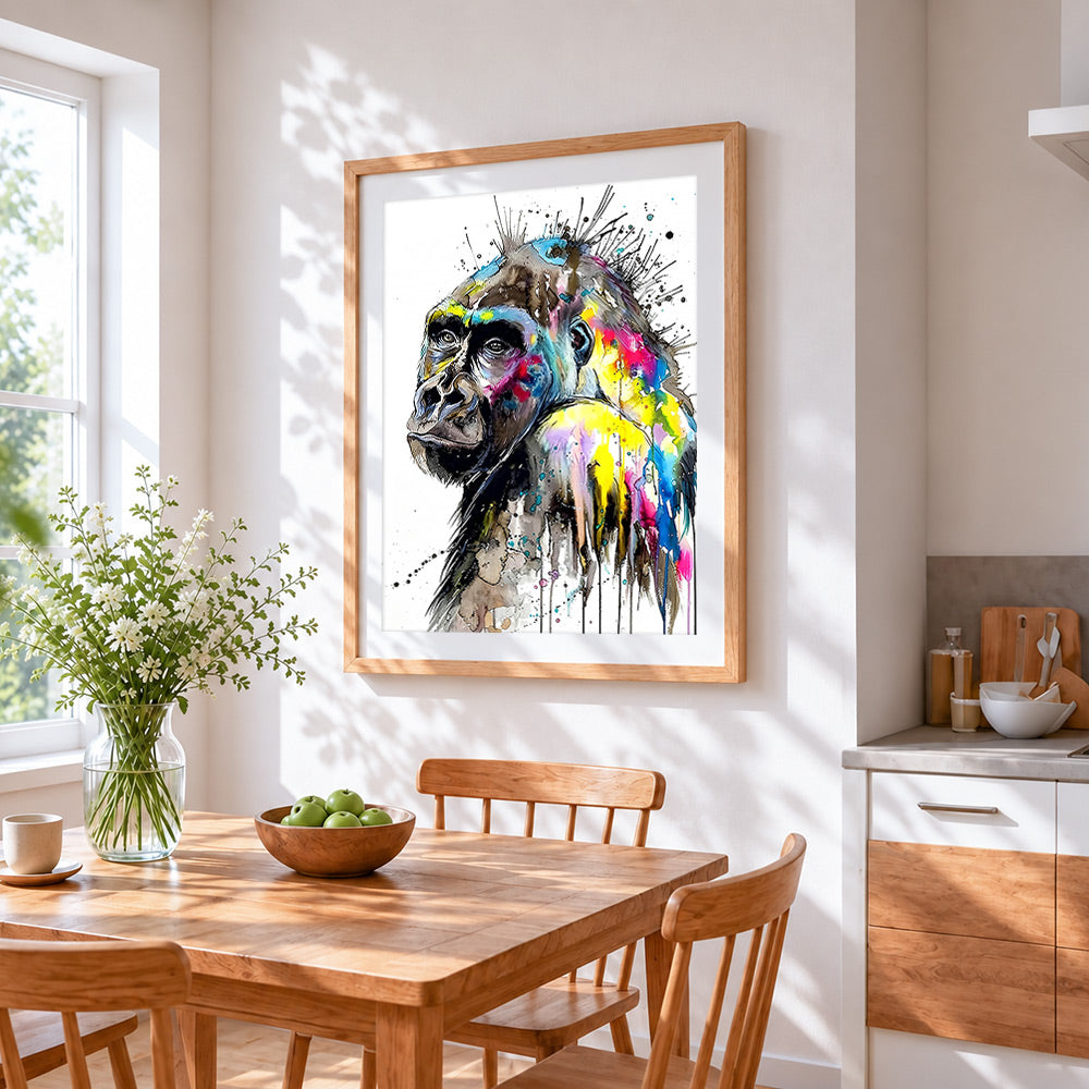 Vibrant watercolour gorilla cross stitch artwork displayed on wall as home decor