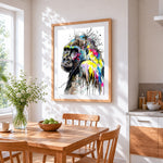 Vibrant watercolour gorilla cross stitch artwork displayed on wall as home decor