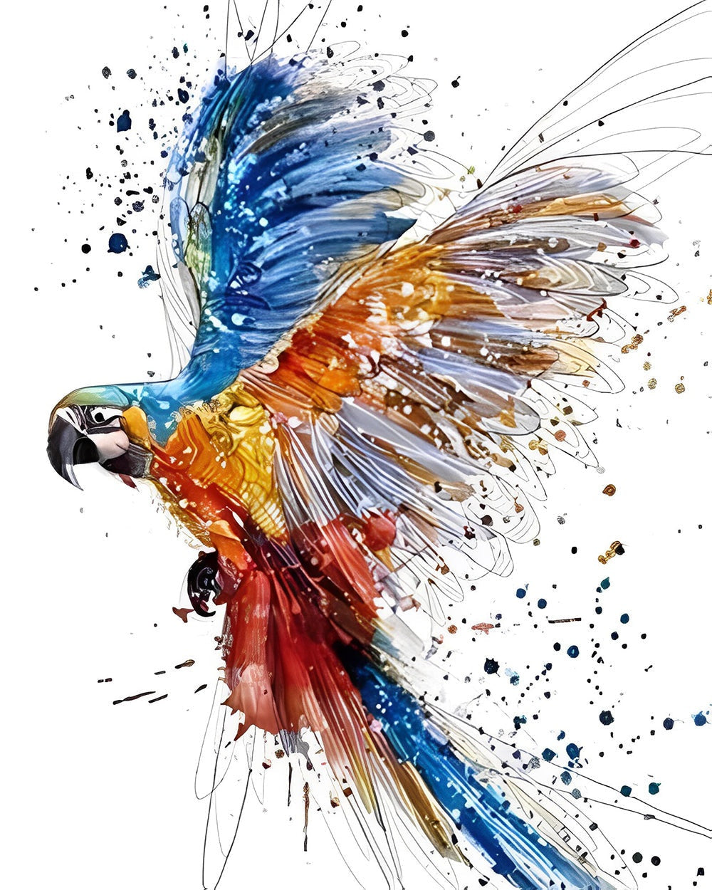 Vibrant watercolour macaw flying cross stitch kit for beginners