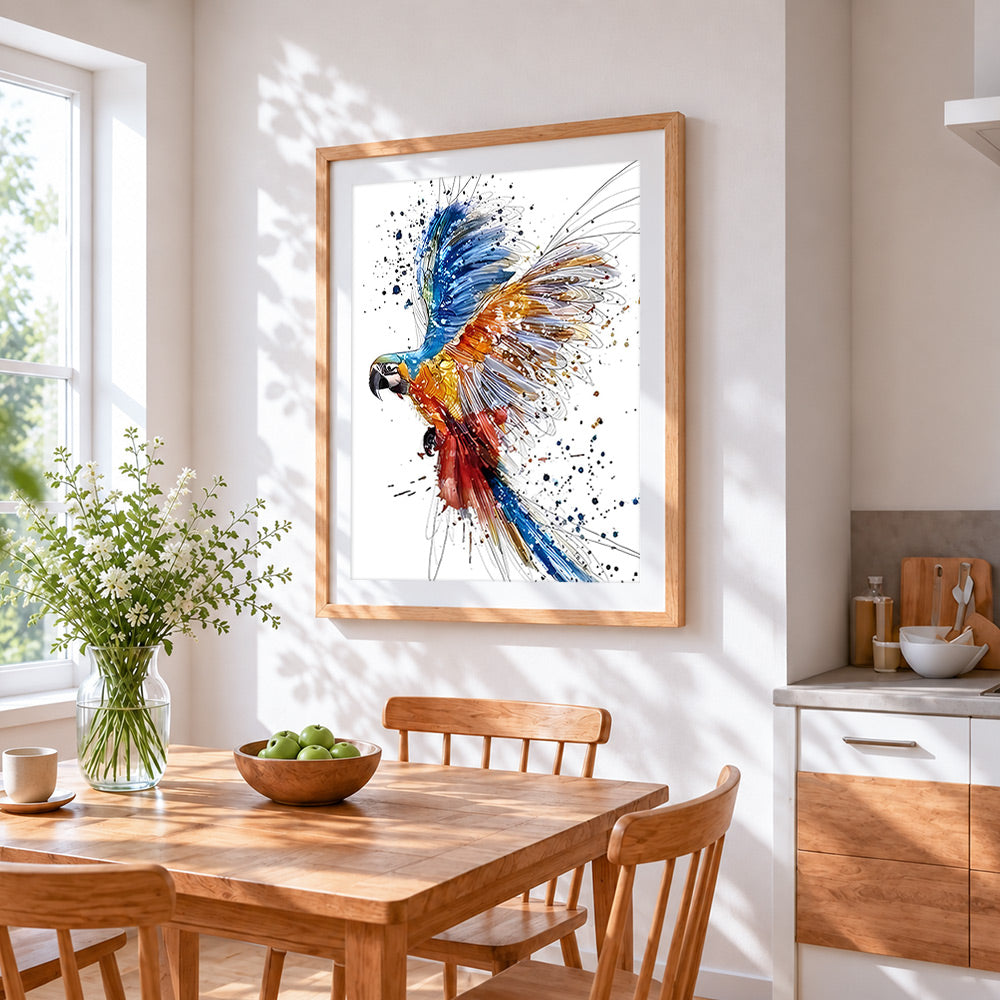 Vibrant watercolour macaw flying paint by numbers artwork displayed on wall as home decor