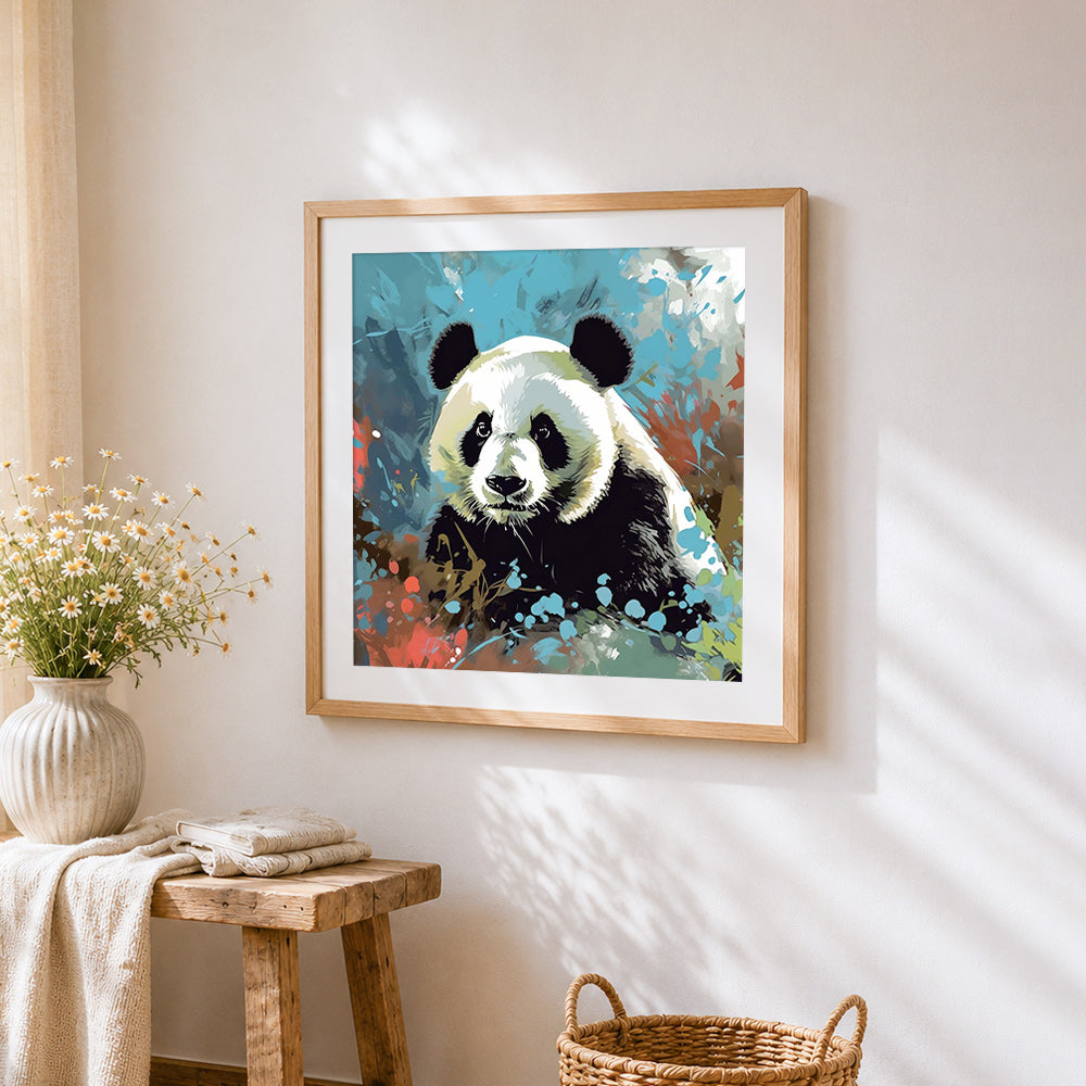 Vibrant watercolour panda cross stitch artwork displayed on wall as home decor