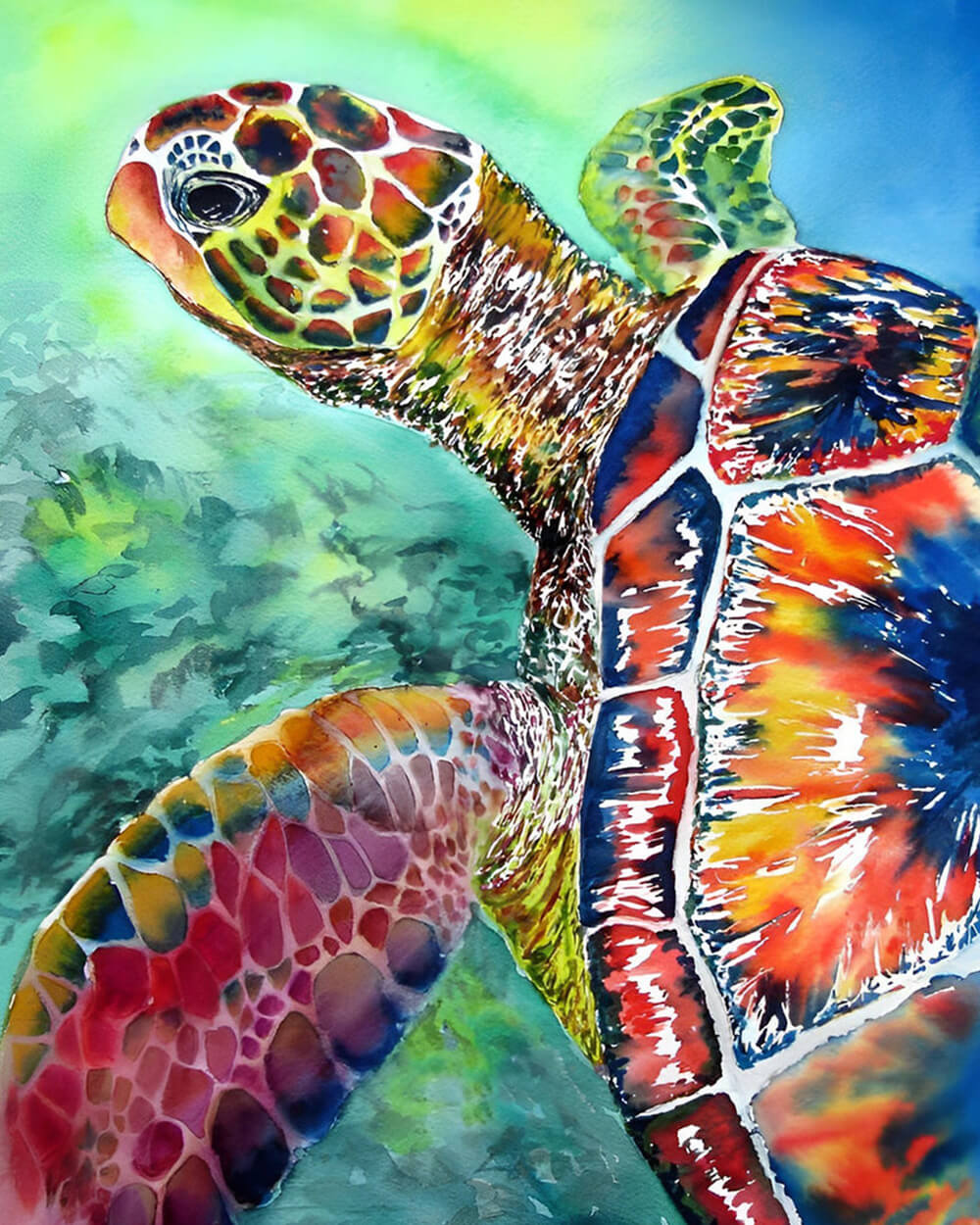 Vibrant watercolour sea turtle close up cross stitch kit for beginners