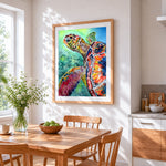 Vibrant watercolour sea turtle close-up paint by numbers artwork displayed on wall as home decor