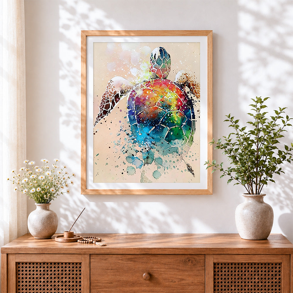 Finished vibrant watercolour sea turtle cross stitch artwork displayed