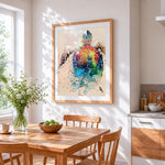 Vibrant watercolour sea turtle cross stitch artwork displayed on wall as home decor