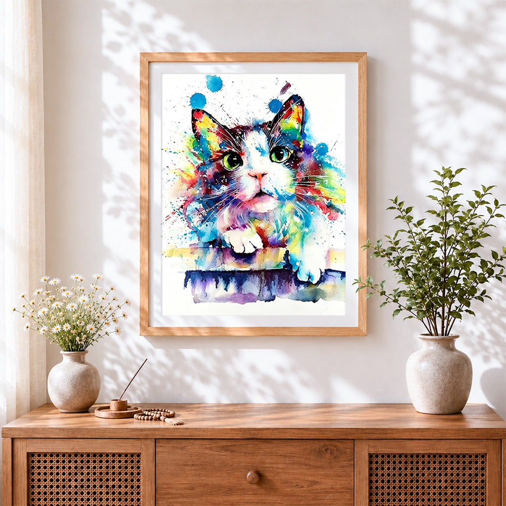 Finished vibrant watercolour splash cat cross stitch artwork displayed