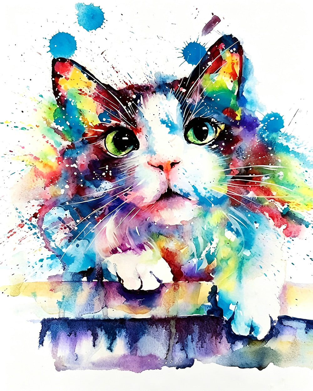 Vibrant watercolour splash cat cross stitch kit for beginners