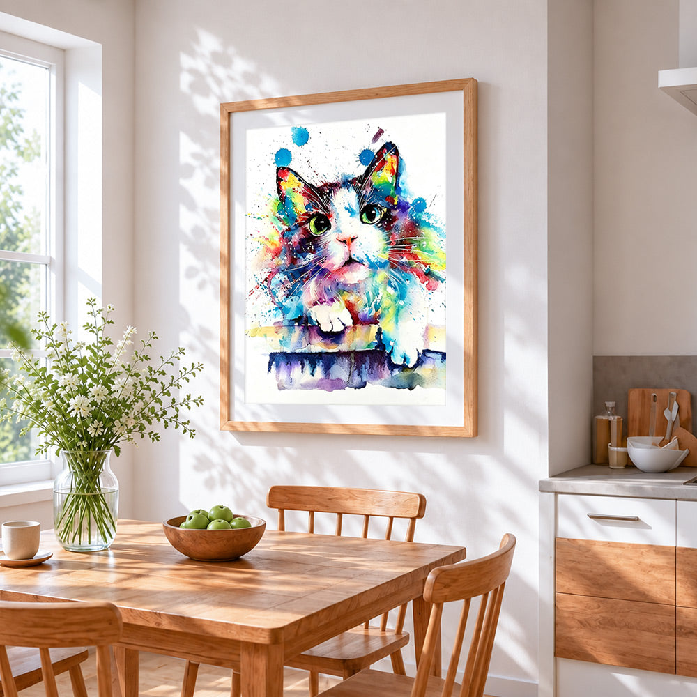 Vibrant watercolour splash cat cross stitch artwork displayed on wall as home decor