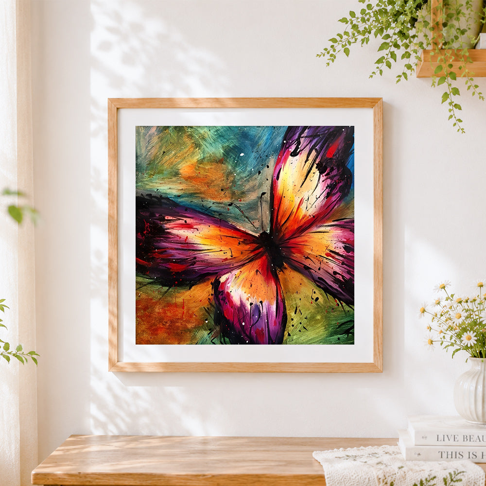 Finished vibrant watercolour splatter butterfly cross stitch artwork displayed