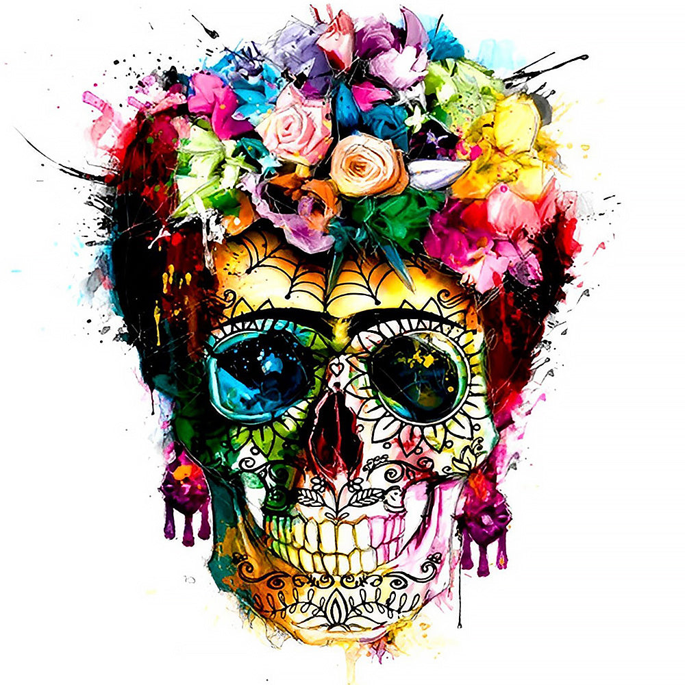 Vibrant watercolour splatter sugar skull cross stitch kit for beginners