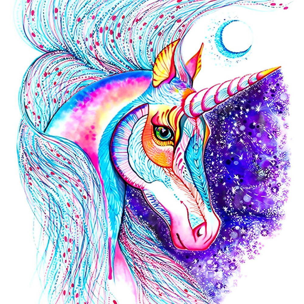 Vibrant watercolour unicorn with moon cross stitch kit for beginners
