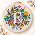 Vibrant wildflowers and letter e embroidery kit