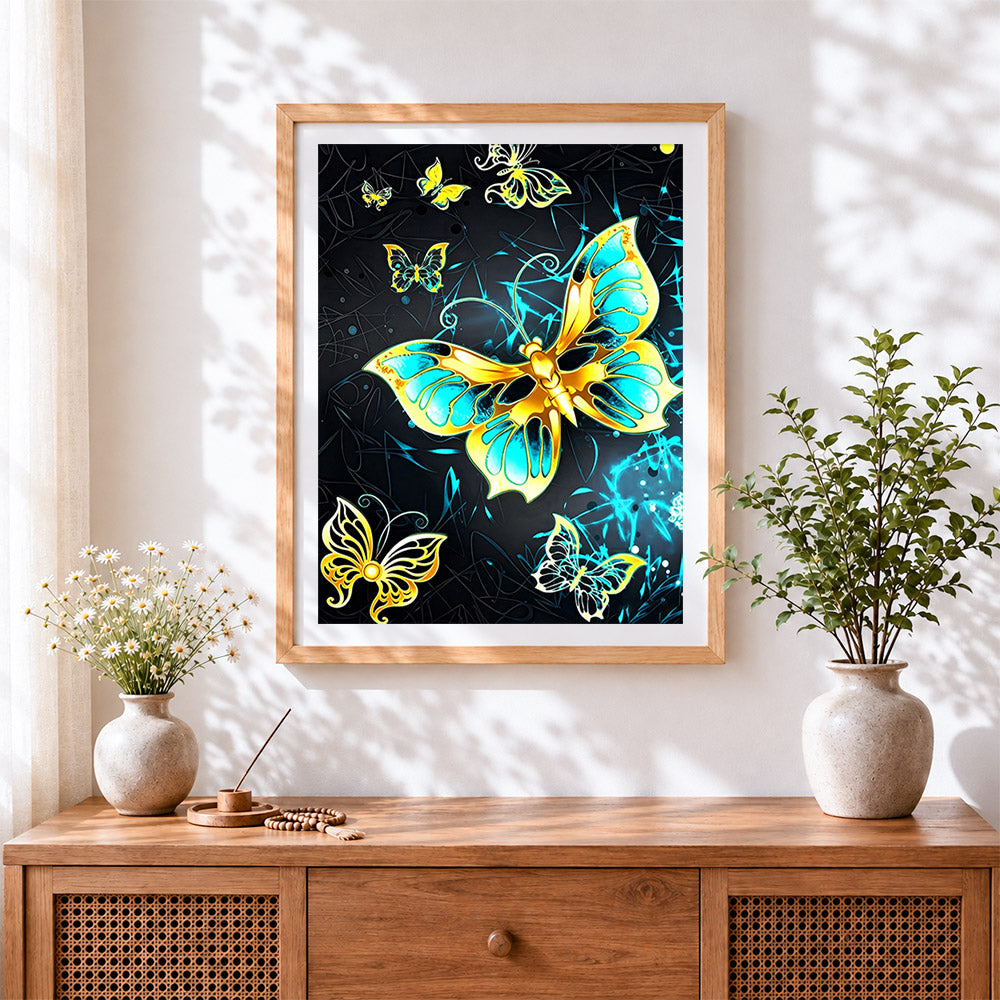 Finished vibrant yellow and green butterflies cross stitch artwork displayed