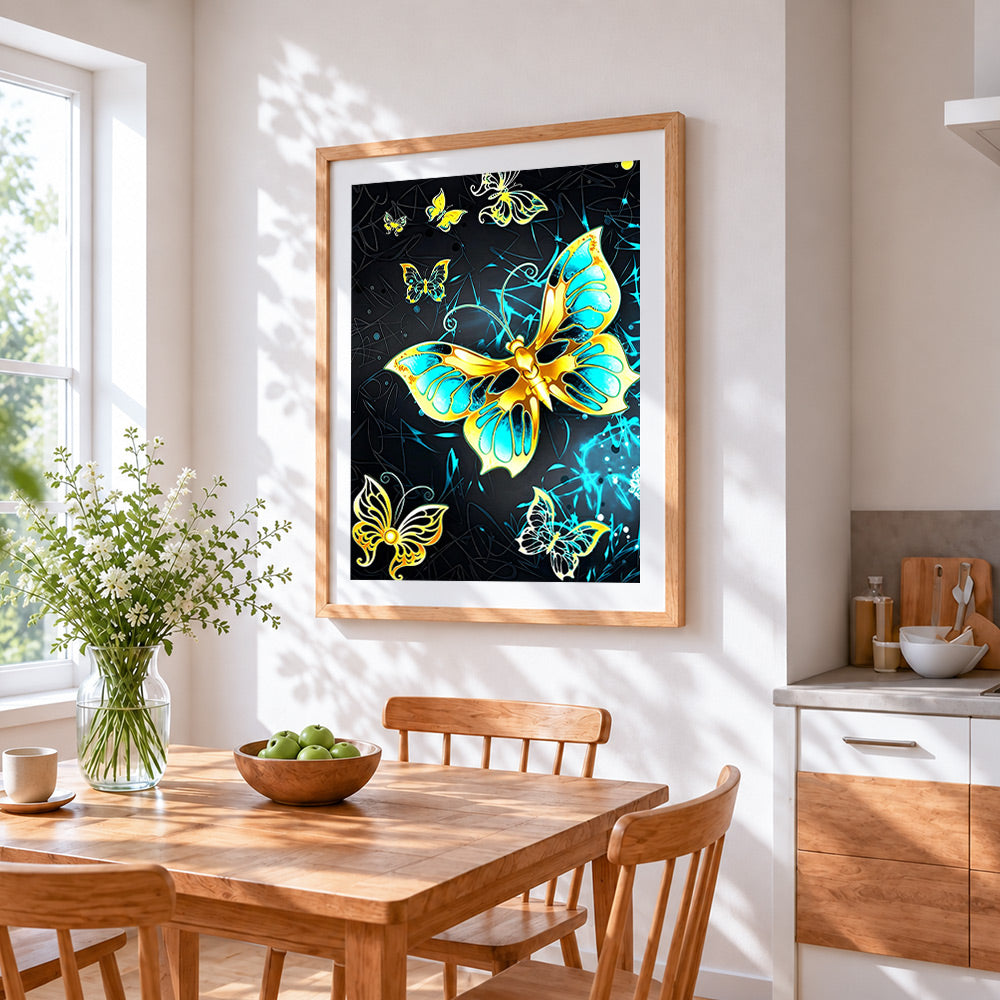 Vibrant yellow and green butterflies cross stitch artwork displayed on wall as home decor