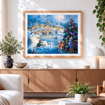 Finished victorian children ice skating and decorating tree cross stitch artwork displayed