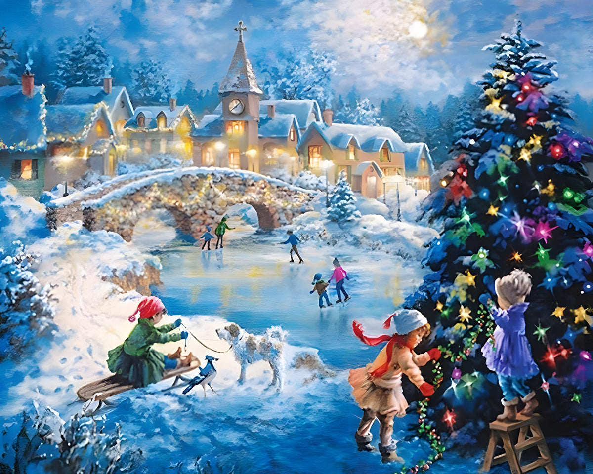 Victorian children ice skating and decorating tree cross stitch kit for beginners