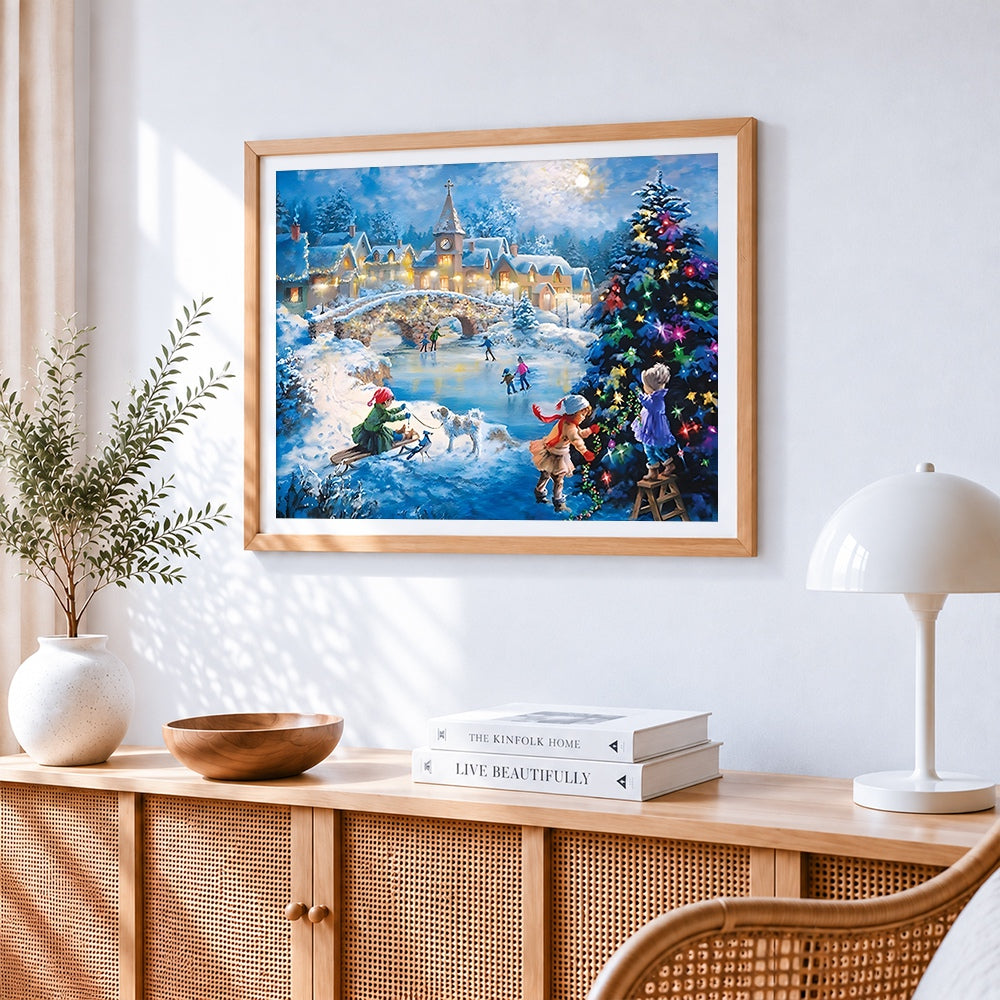 Victorian children ice skating and decorating tree cross stitch artwork displayed on wall as home decor