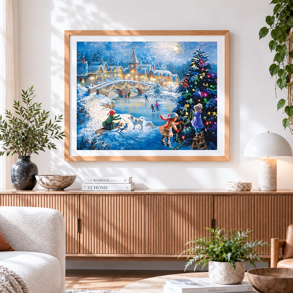 Finished victorian children ice skating and decorating tree paint by numbers artwork displayed as home decor