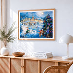 Victorian children ice skating and decorating tree paint by numbers artwork displayed on wall as home decor