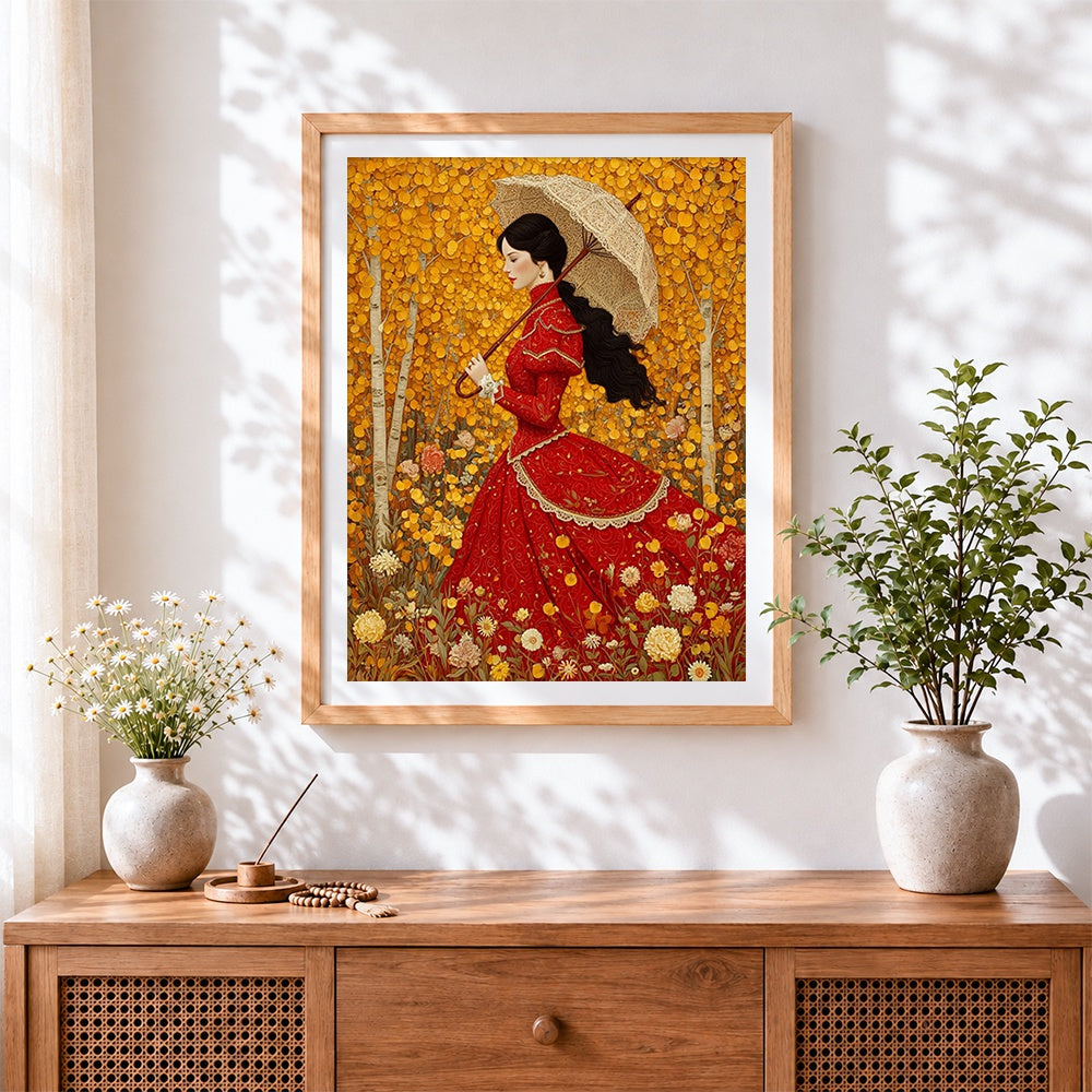 Finished victorian lady in red dress cross stitch artwork displayed