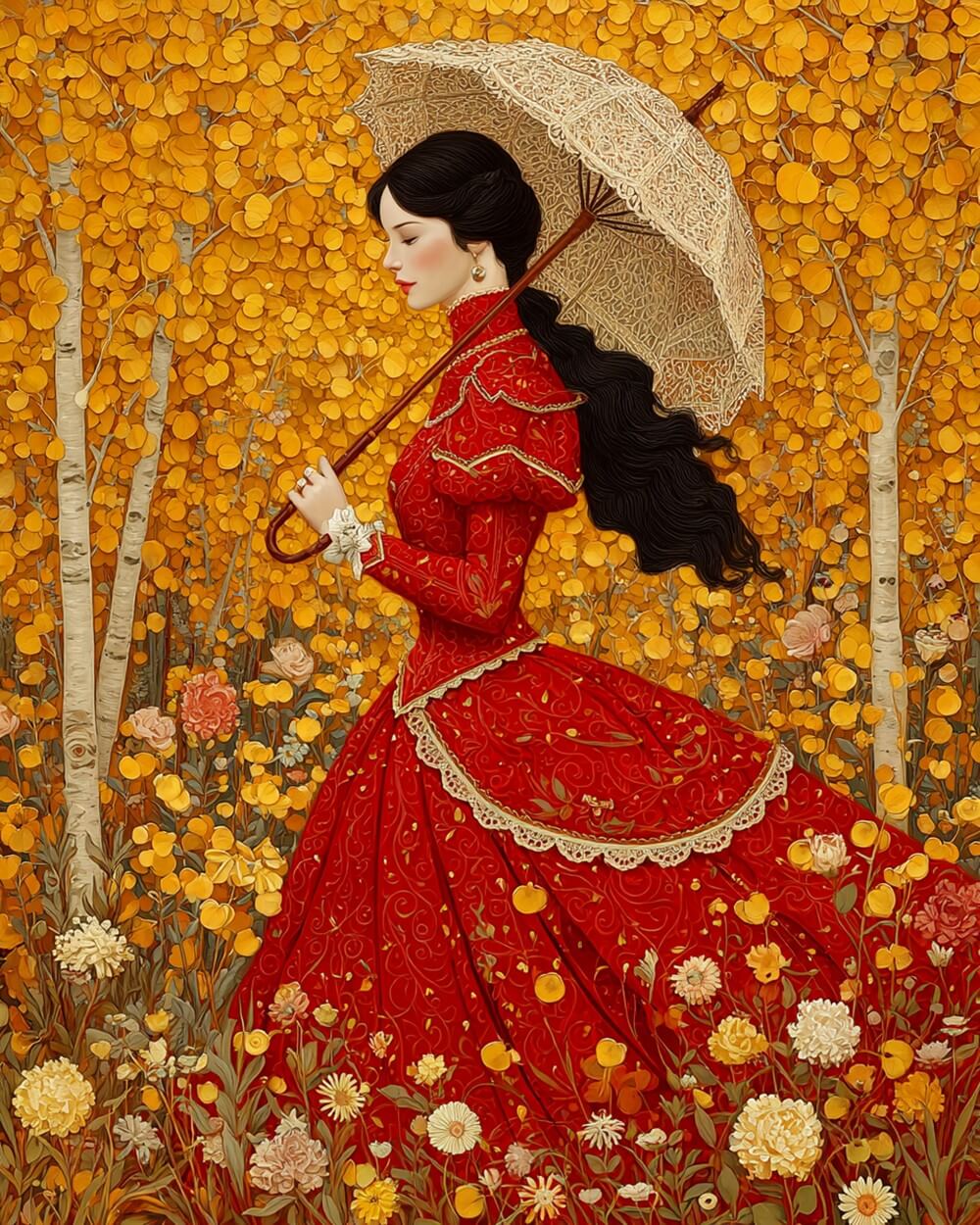 Victorian lady in red dress cross stitch kit for beginners